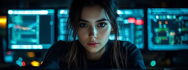 AI cyber security concept. Female IT Computer specialist analyzing artificial intelligence digital threats to consumer data & privacy breach. Software developer coding & ethical hacking in dark office