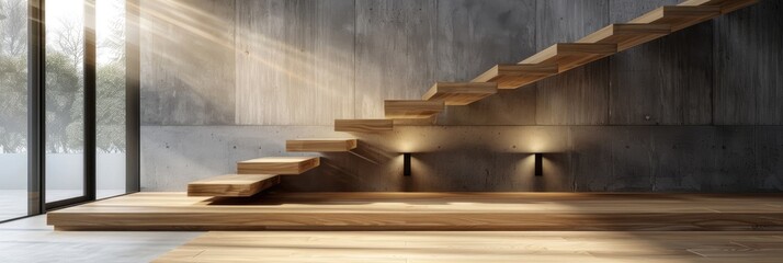 Canvas Print - Minimalist wooden staircase in an open space