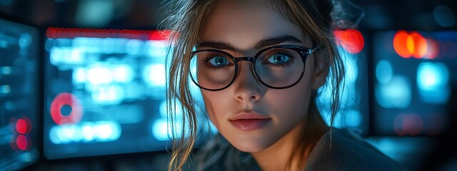 AI cyber security concept. Female IT Computer specialist analyzing artificial intelligence digital threats to consumer data & privacy breach. Software developer coding & ethical hacking in dark office
