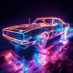 Canvas Print - Beautiful car made with neon lines