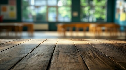 Wall Mural - empty wooden table and blurred image of empty classroom : Generative AI