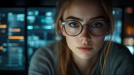AI cyber security concept. Female IT Computer specialist analyzing artificial intelligence digital threats to consumer data & privacy breach. Software developer coding & ethical hacking in dark office