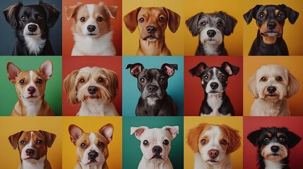 collage of many different dogs on color background : generative ai