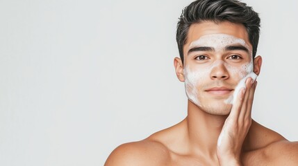 Portrait of a young man applying facial cleanser, showcasing a skincare routine for healthy, glowing skin, on a light gray background