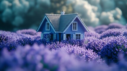 Lavender summer house among beaufiful lavender bushes : Generative AI