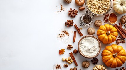 Poster - Autumn fall baking background with pumpkins apples nuts food ingredients and seasonal spices on white copy space Cooking pumpkin or apple pie for Thanksgiving and autumn holidays : Generative AI