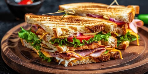 Poster - Club Sandwich with Crispy Toasted Bread, Poultry, Ham, Lettuce, Cheese, and Tomatoes