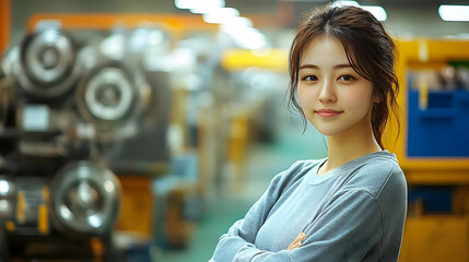 a young woman with long brown hair and a gray sweatshirt stands with her arms crossed in a factory.