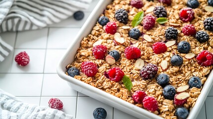 Poster - Tasty baked oatmeal with berries and almonds in baking tray on white tiled table top view : Generative AI