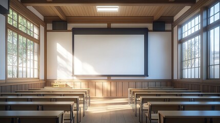 Fototapete - Classroom interior with white board projection screen and wooden desks : Generative AI