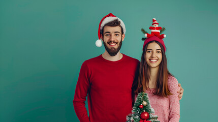 Wall Mural - couple on red background with Christmas clothes and hats