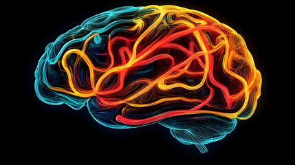 Wall Mural - Abstract brain illustration with glowing lines in red, orange and blue.