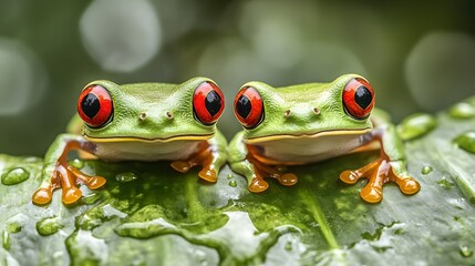 Canvas Print - Front close up view of two funny red-eyed tree frogs (Agalychnis callidryas) on a green leaf with water drops after the rain, wildlife in a tropical rainforest of South America