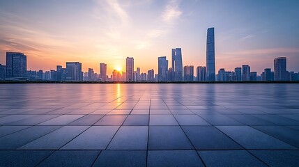 Poster - Empty square floors and city skyline with modern buildings at sunset in Suzhou Jiangsu Province China high angle view : Generative AI