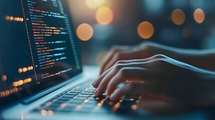 Computer Programmer Coding on Laptop with Bright Colorful Digital Background