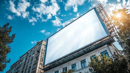 Poster - Large horizontal blank advertising poster billboard banner mockup in front of building in urban city digital light box display screen for OOH media 12 sheet outofhome : Generative AI