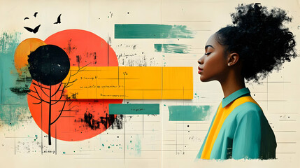 Wall Mural - Abstract portrait of a woman with afro hair, black tree and colorful geometric shapes on a vintage background.