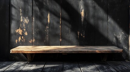 Aufkleber - Wooden board with shadows and black wall background Free space for your decoration : Generative AI