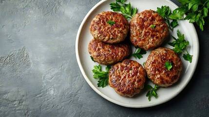 Poster - Delicious minced pork and beef cutlets on plate over light background Comfort food Top view flat lay : Generative AI