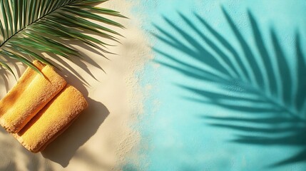 Aufkleber - Summer pastel background top view beach towel on sand shadow of palm leaf sunlight Summer beach day concept relaxation rest time Minimal design lifestyle background with empty space : Generative AI