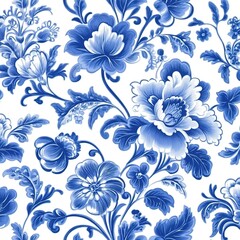 Blue and white porcelain pattern, featuring floral and leaf motifs ，A traditional hand-painted seamless pattern featuring the classic Dutch Delft blue and white color scheme.