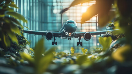 Poster - Airplane landing over green foliage with a city in the background.