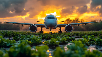 Canvas Print - Airplane taxiing on a runway at sunset.