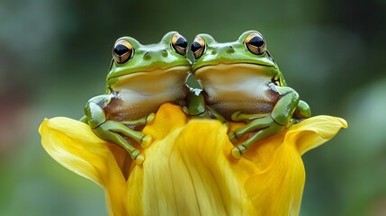 Wall Mural - Two green frogs sitting on a flower