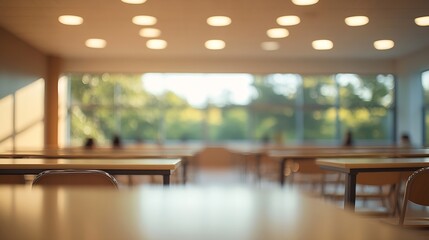 Fototapete - School classroom in blur background without young student Blurry view of class room no kid or teacher with chairs and tables in campus : Generative AI