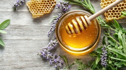 Wall Mural - A jar of natural organic honey with a wooden dipper, surrounded by herbs and honeycomb