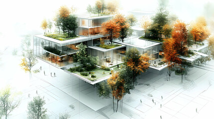 Poster - Architectural sketch of a modern building with green roofs and trees.