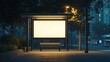 © HM Design - Empty outdoor advertising billboard mockup at a bus stop, ideal for displaying marketing banners or posters.