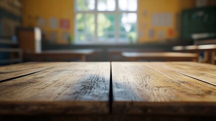 Wall Mural - empty wooden table and blurred image of empty classroom : Generative AI