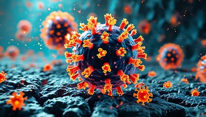 A virus particle attacking lung cells, with glowing spikes on the virus, and a dynamic immune response visualized with antibodies and T-cells in action.