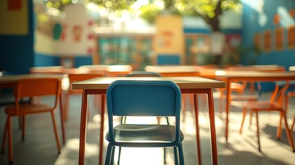 Fototapete - Back to school concept Classroom in blur background without young student Blurry view of elementary class room no kid or teacher with chairs and tables in campus : Generative AI