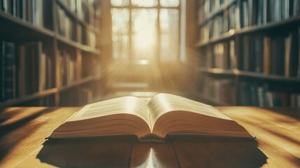 A peaceful study setting with an open book on a wooden table, sunlight softly illuminating the pages