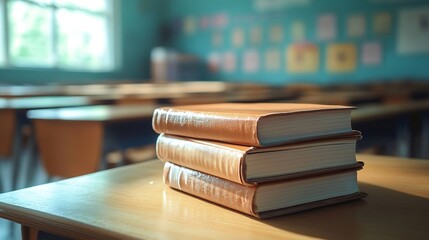 Fototapete - Stack of notebooks on wooden desk in empty classroom : Generative AI
