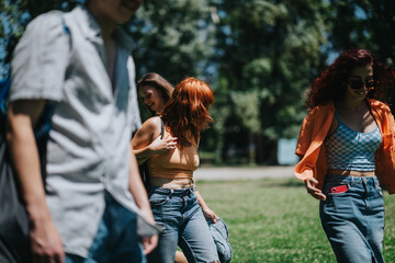 Wall Mural - Group of young adults having fun together in a sunny park. Friends enjoying leisure time outdoors, walking and socializing in a green, natural setting.