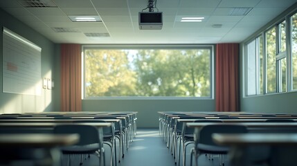 Aufkleber - An empty classroom interior with rows of desks and a projector suspended from the ceiling : Generative AI