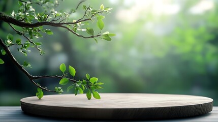 Poster - empty wooden podium texture on tabletop with tree branch fresh green leaf white space backgroundorganic healthy natural product pedestal platform promotion show displayspring banner co : Generative AI