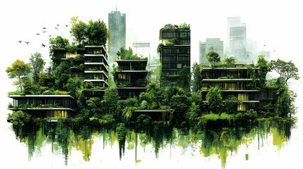 Poster - Cityscape buildings covered in lush greenery with a watercolor effect.