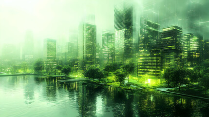 Wall Mural - Cityscape with a Futuristic Green Glow.