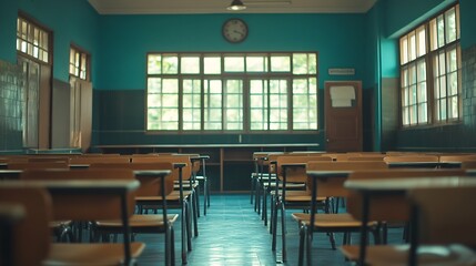 Fototapete - Lecture room or School empty classroom with desks chair iron wood for studying lessons in high school Thailand interior of secondary education no kid teacher or young student Vintage t : Generative AI