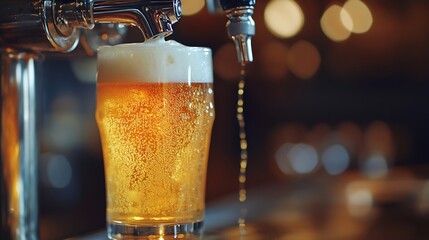 Poster - Closeup shot of beer tap pouring frothy beer into clear glass Beer lightcolored and bubbly Textured photo Abstract background Concept of alcohol drinks Oktoberfest summer party : Generative AI