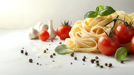 Wall Mural - Culinary background with ingredients for cooking pasta with tomatoes on a white background : Generative AI