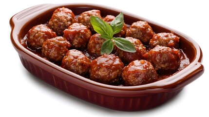 Poster - Meatballs in Tomato Sauce Homemade Meatballs in a Baking Dish on White Background Isolated : Generative AI