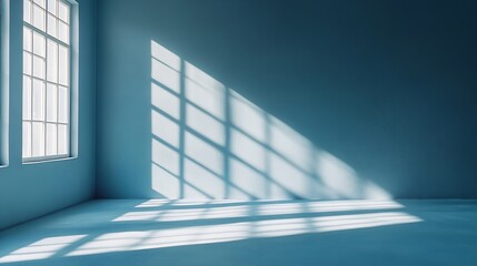 Poster - Minimalistic simple abstract light blue background for product presentation Shadow and light from windows on wall : Generative AI
