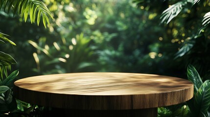 Aufkleber - empty table top wood counter podium on grass tropic forest jungle plant blurred dark green backgroundnatural product present placement pedestal promotion displayspring or summer minima : Generative AI