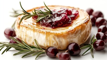 Poster - Tasty baked brie cheese with rosemary fruits and jam isolated on white : Generative AI