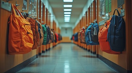 Aufkleber - Empty hallway in the school backpacks and bags on hooks bright recreation room : Generative AI